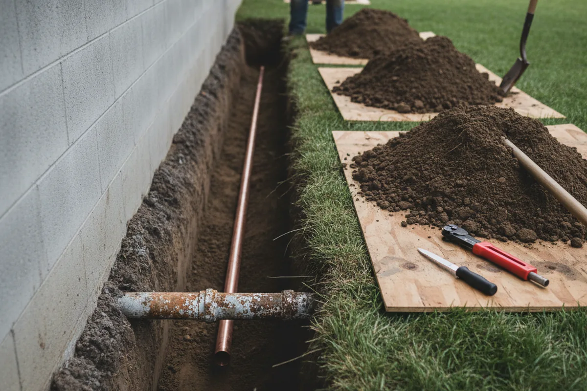 Excavated water line trench during Water Softener Installation in Tellico Plains